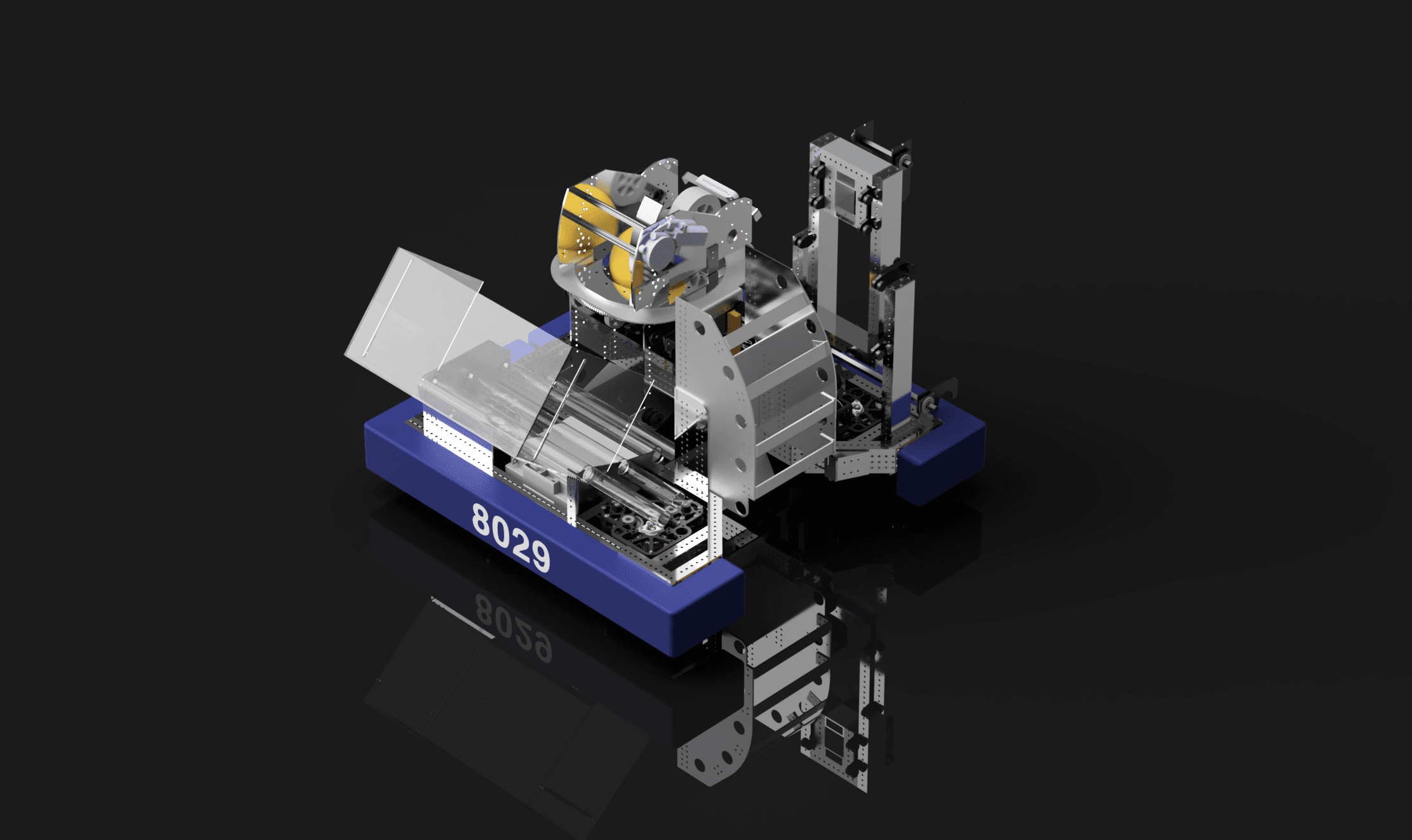 CAD rendering of Team 8029's 2026 competition robot with its hopper, intake, and alternate climber assembly visible